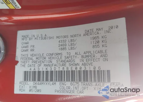 2011 Mitsubishi Eclipse Gt z USA, uszkodzony, nr VIN 4A31K3DT8BE003106